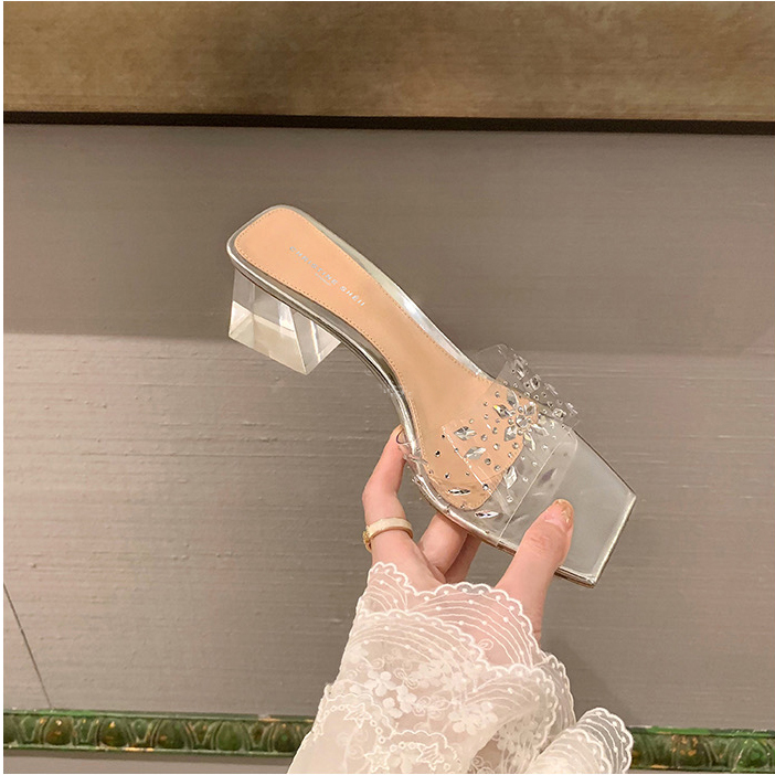 2024 New Summer Comfortable Chunky Heel Sandals Korean Style Square Toe Luxury Rhinestone Outdoor Mid Heel Slippers