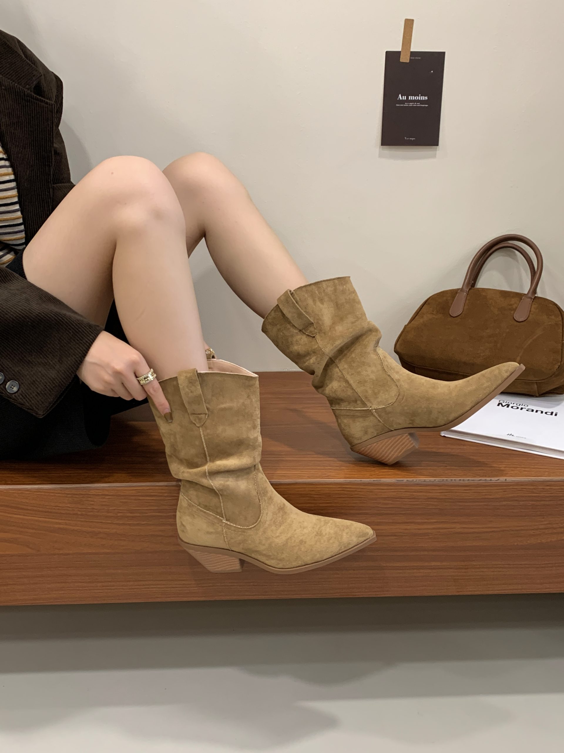 2025 Retro Pointed Toe Chunky Heel Short Boots Women Suede Mid Calf Stack Boots Brown Western Cowboy Boots