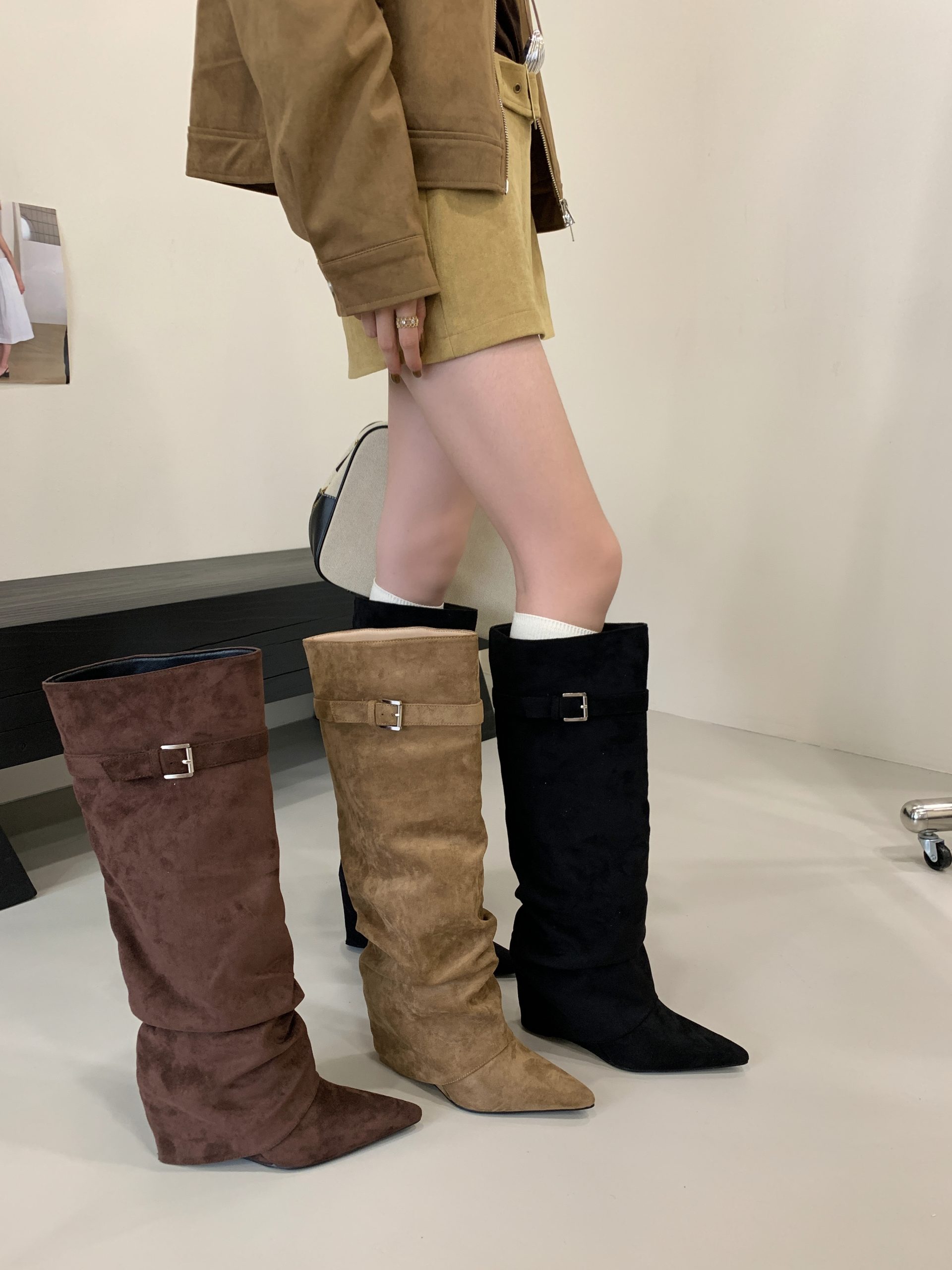 bubufly-womens-suede-pointed-toe-wedge-high-heel-knee-high-boots-2025-fall-winter-slim-fit-riding-boots BUBUFLY Women's Suede Pointed Toe Wedge High Heel Knee High Boots 2025 Fall Winter Slim Fit Riding Boots