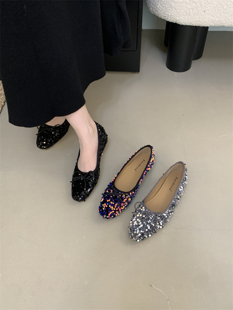 French Retro Silver Bow Fairy Shoes Gentle Lady Square Toe Inner Height Increase Soft Sole Sequins Slip-On