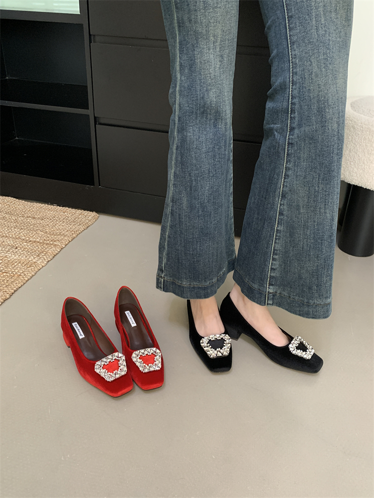 French Style Square Toe Low Heel Mary Jane Shoes for Women 2025 Spring Autumn Soft Velvet Buckle Slip On Dress Shoes