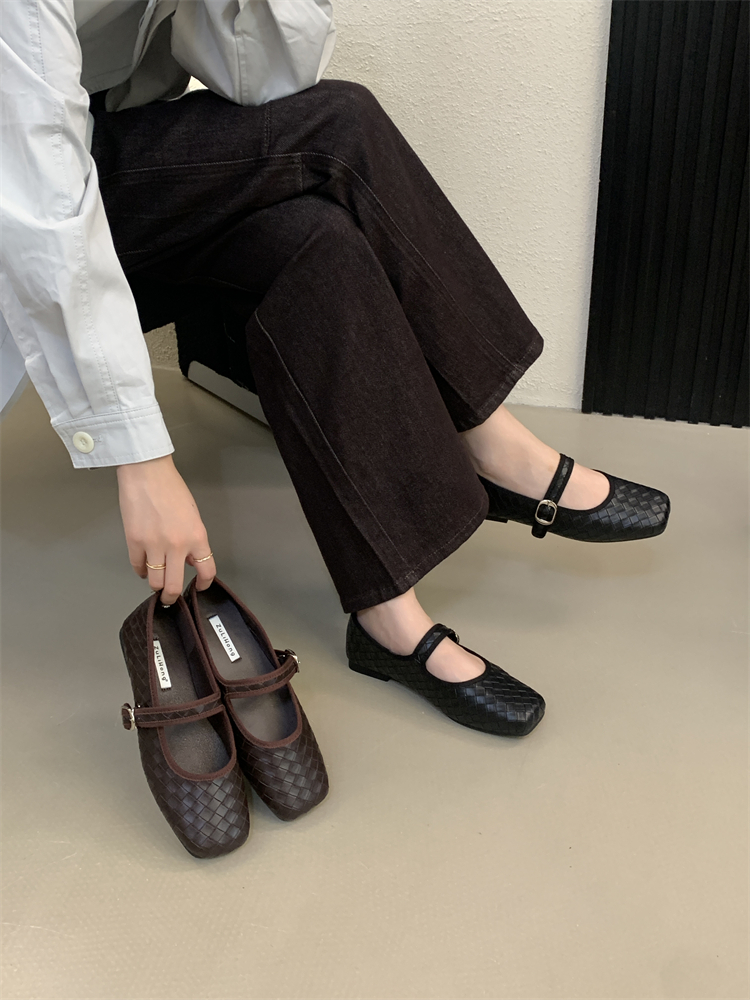 Korean Style 2025 Autumn New Woven Flat Shallow Mouth Women's Shoes Casual Low Heel Grandma Shoes